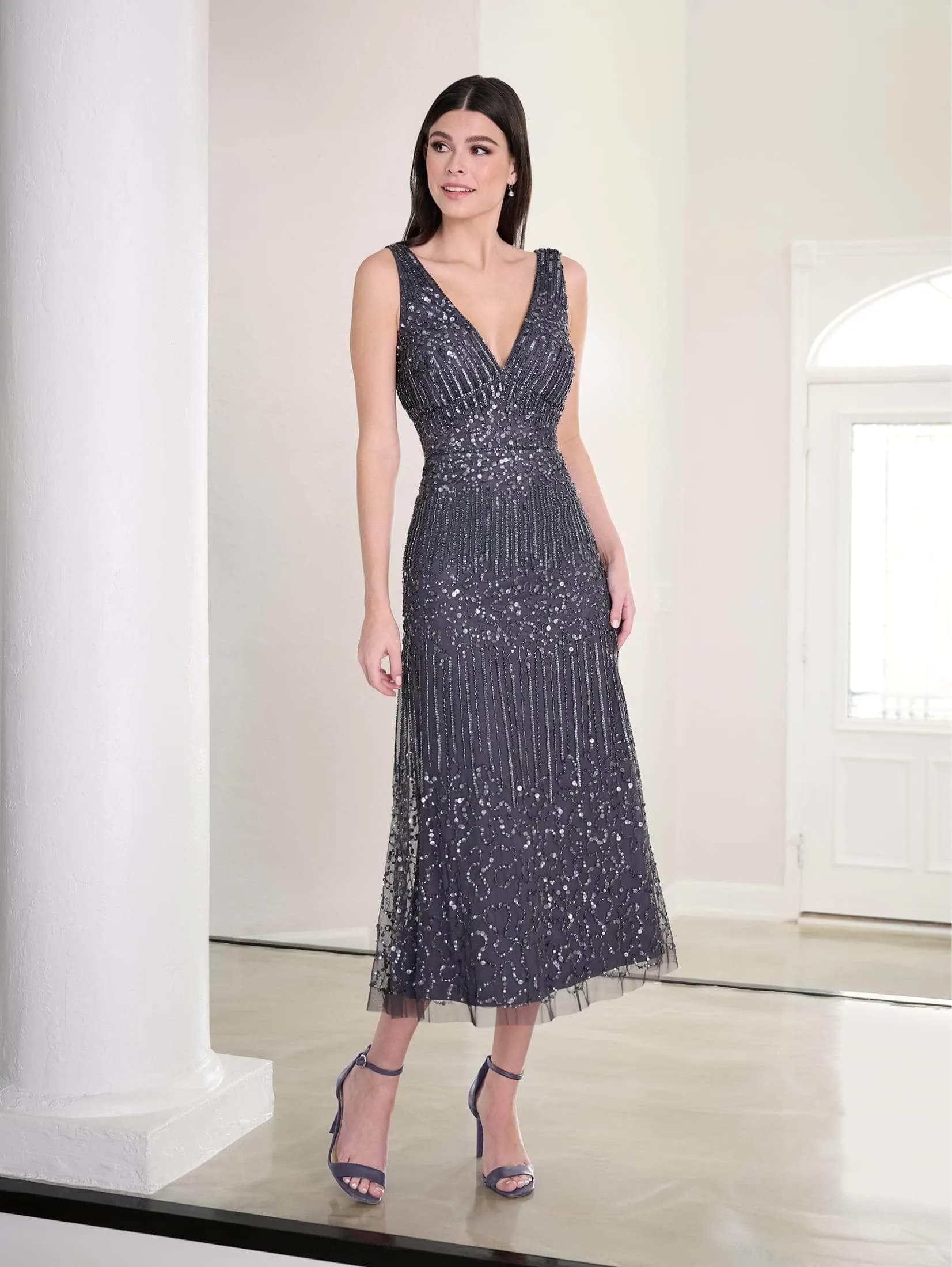 Adrianna Papell Platinum 40456 - Beaded Tea-Length Dress