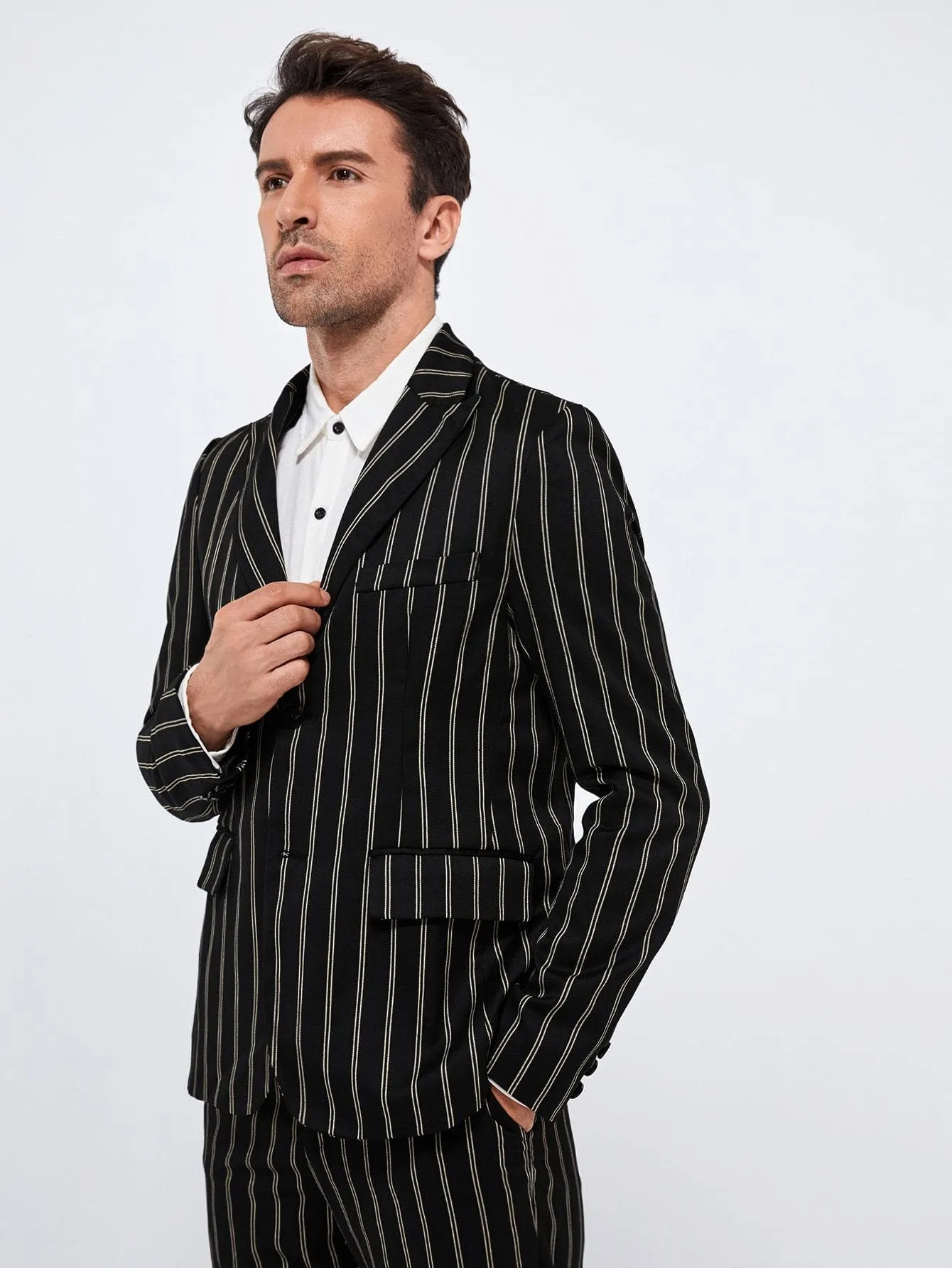 Black Peak Collar Striped Blazer and Tailored Trousers Set