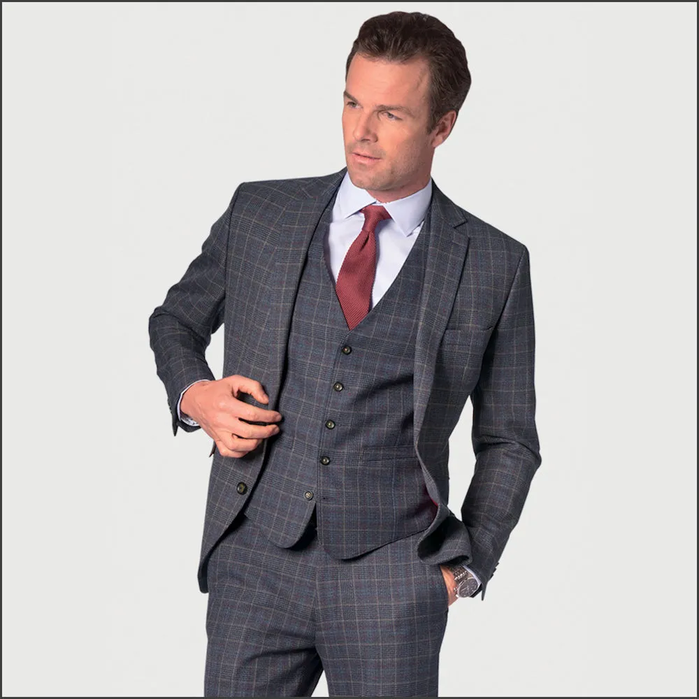 Brook Taverner Lyd Blue with Wine Overcheck Two Piece Occasion Suit**