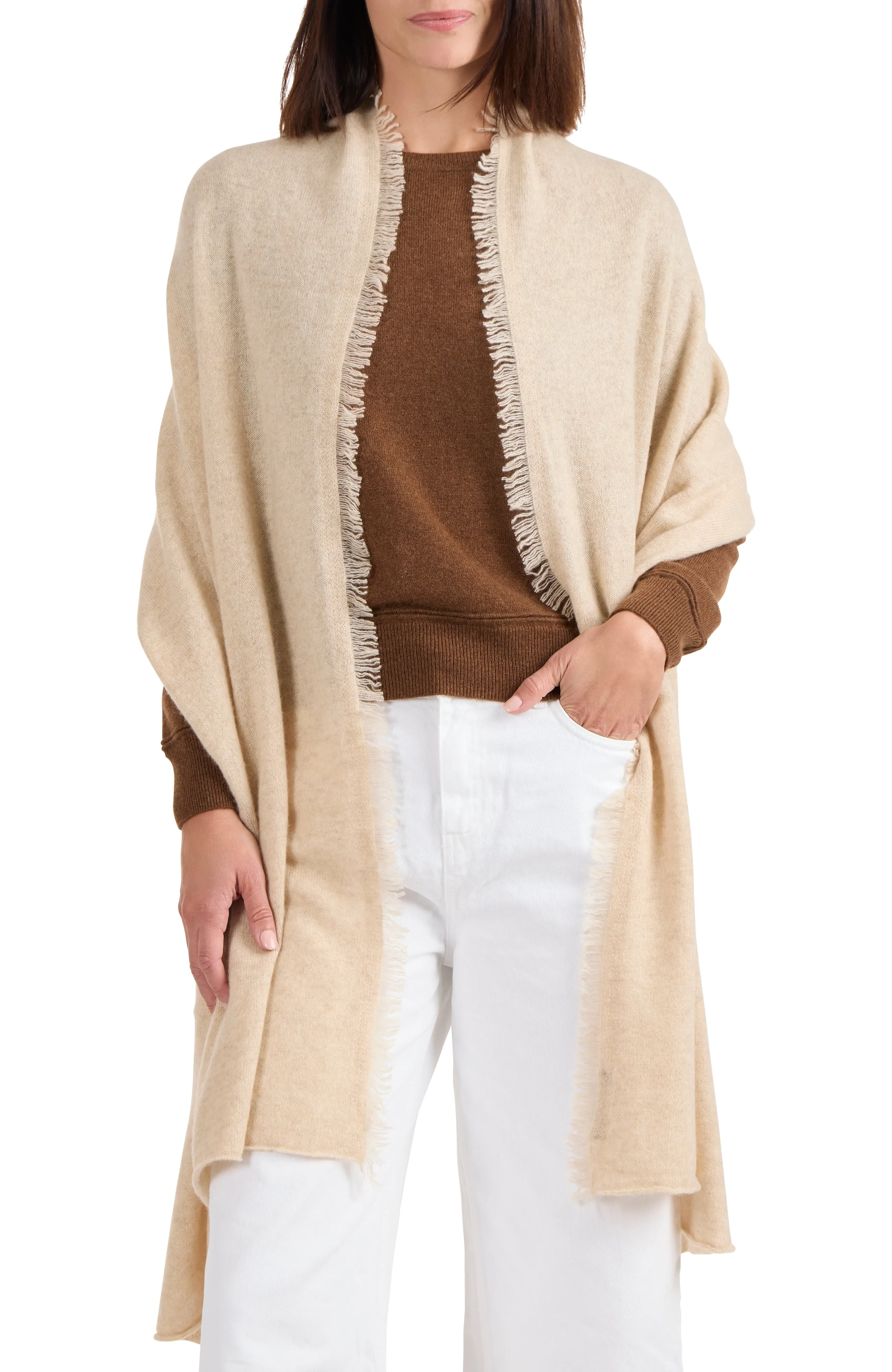 CASHMERE KNIT WRAP WITH FRINGE