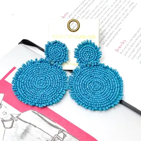 Circle Drop Two Tiered Beaded Earrings in Teal Blue