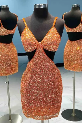 Cut Out Waist Orange Beaded Mini Homecoming Dress