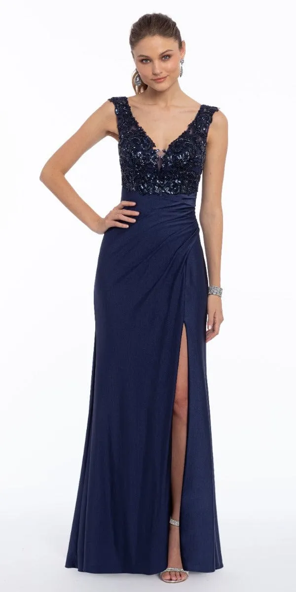 Deep V Beaded Column Dress with Slit