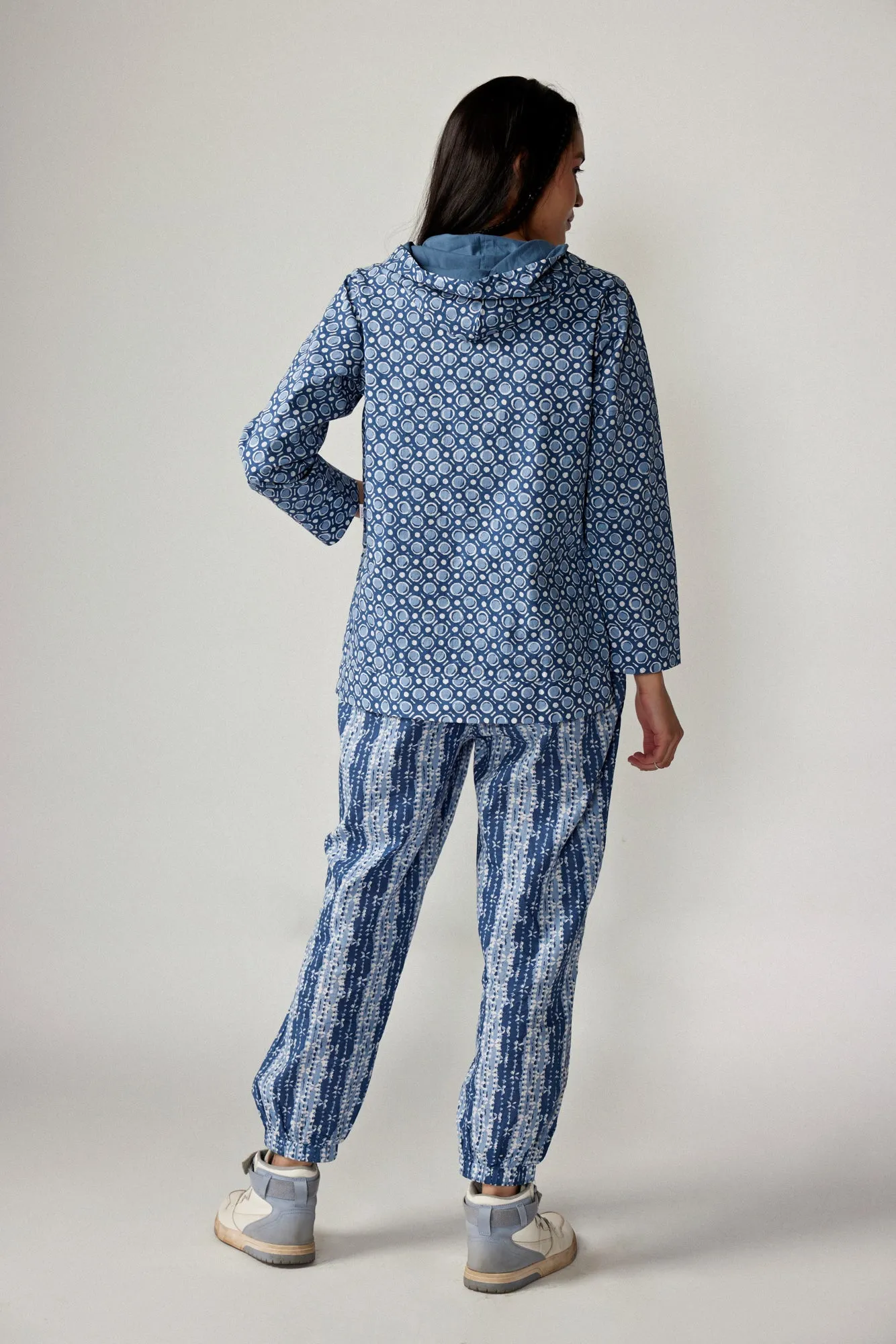 Geometrical Print on Blue Cotton Hoodie Set