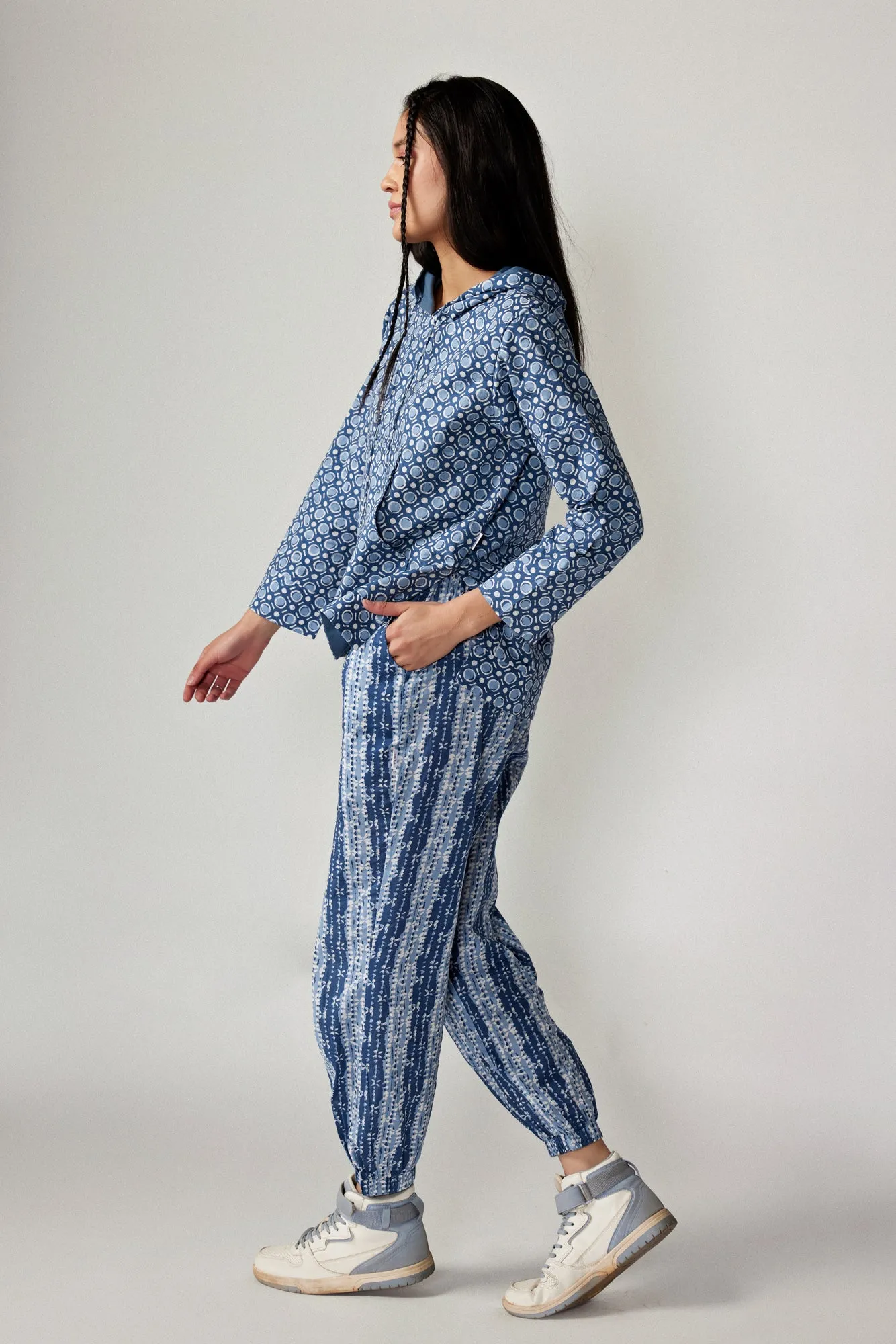 Geometrical Print on Blue Cotton Hoodie Set