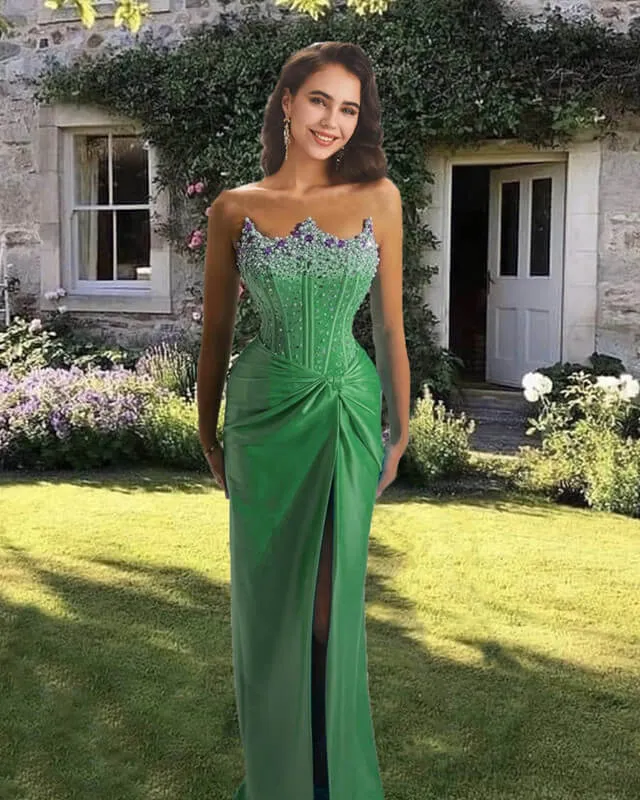 Green Mermaid Beaded Strapless High Slit Satin Dress Prom Dresses