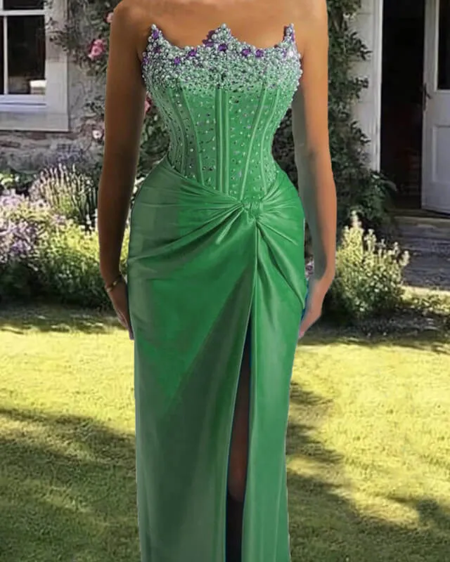 Green Mermaid Beaded Strapless High Slit Satin Dress Prom Dresses