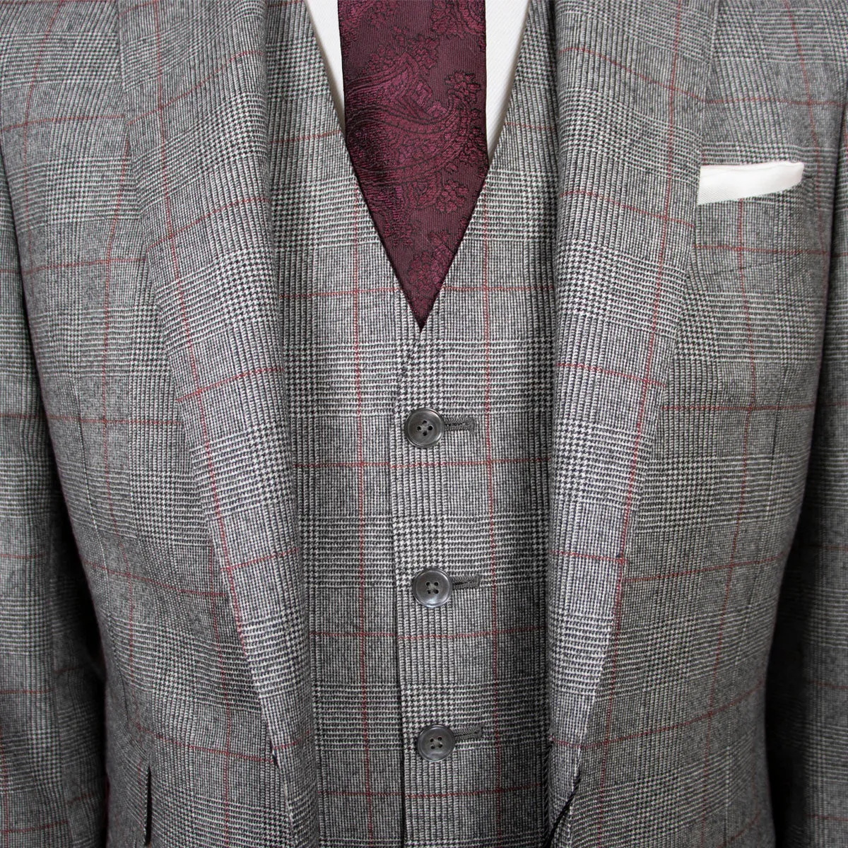 Grey & Red Prince of Wales Check Three Piece Suit