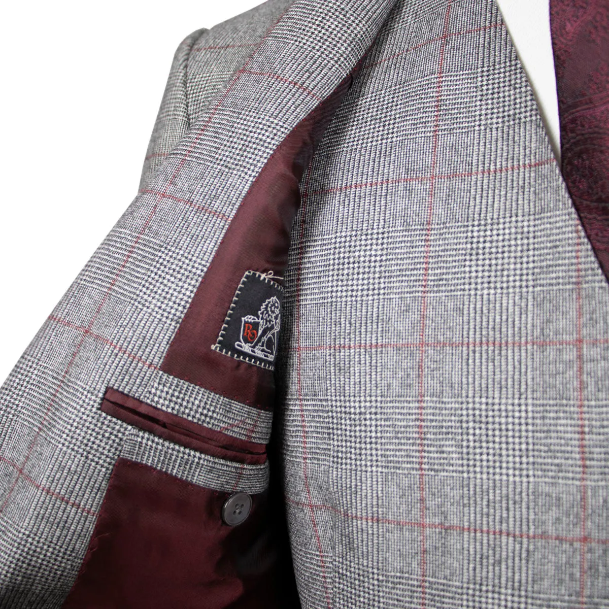 Grey & Red Prince of Wales Check Three Piece Suit