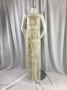 Ivory/metallic gold french design embroider and hand beaded with pearls ans sequins on a mesh lace-dresses-fashion-apparel-Sold by the yard.