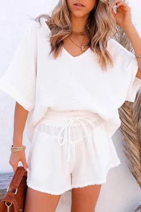 Loose V Neck Blouse Drawstring Raw Hem Shorts Set - Stylish Outfit