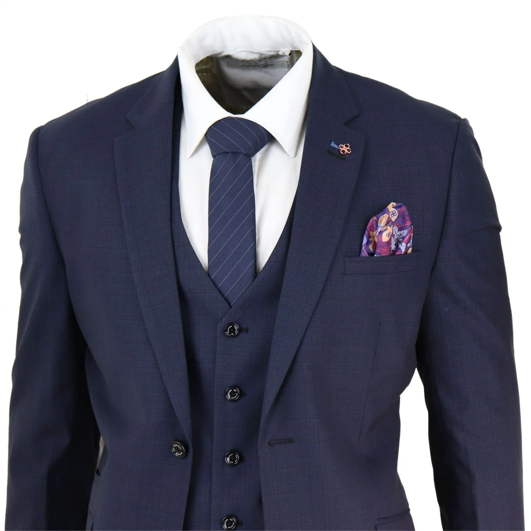 Mens 3 Piece Suit Navy Tailored Fit Classic Retro Vintage Wedding Prom Office