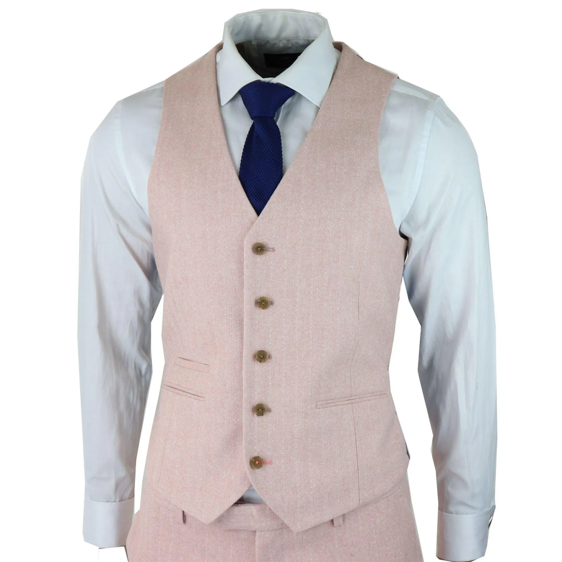 Mens Herringbone Tweed 3 Piece Suit Pink Blush Retro Vintage Short Reg Long