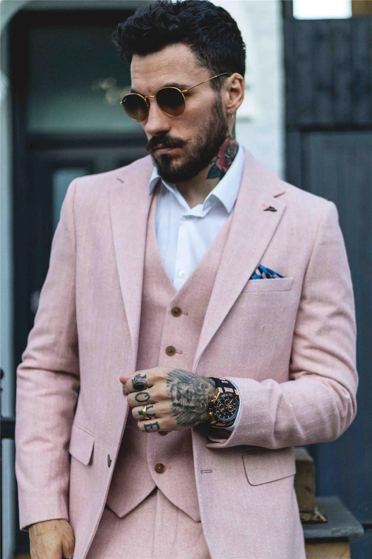 Mens Herringbone Tweed 3 Piece Suit Pink Blush Retro Vintage Short Reg Long