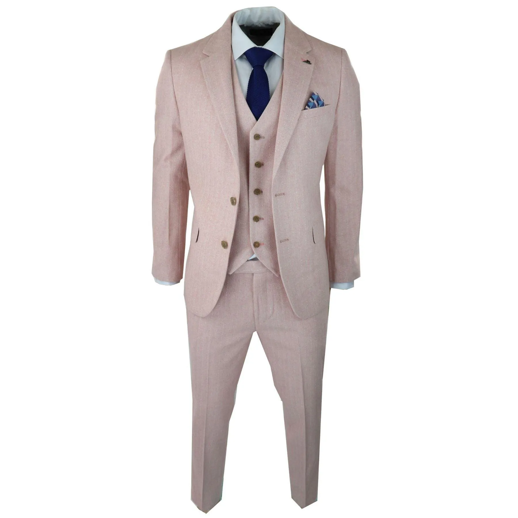 Mens Herringbone Tweed 3 Piece Suit Pink Blush Retro Vintage Short Reg Long