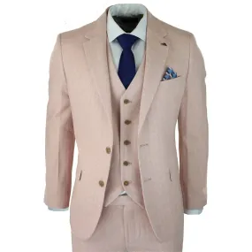 Mens Herringbone Tweed 3 Piece Suit Pink Blush Retro Vintage Short Reg Long