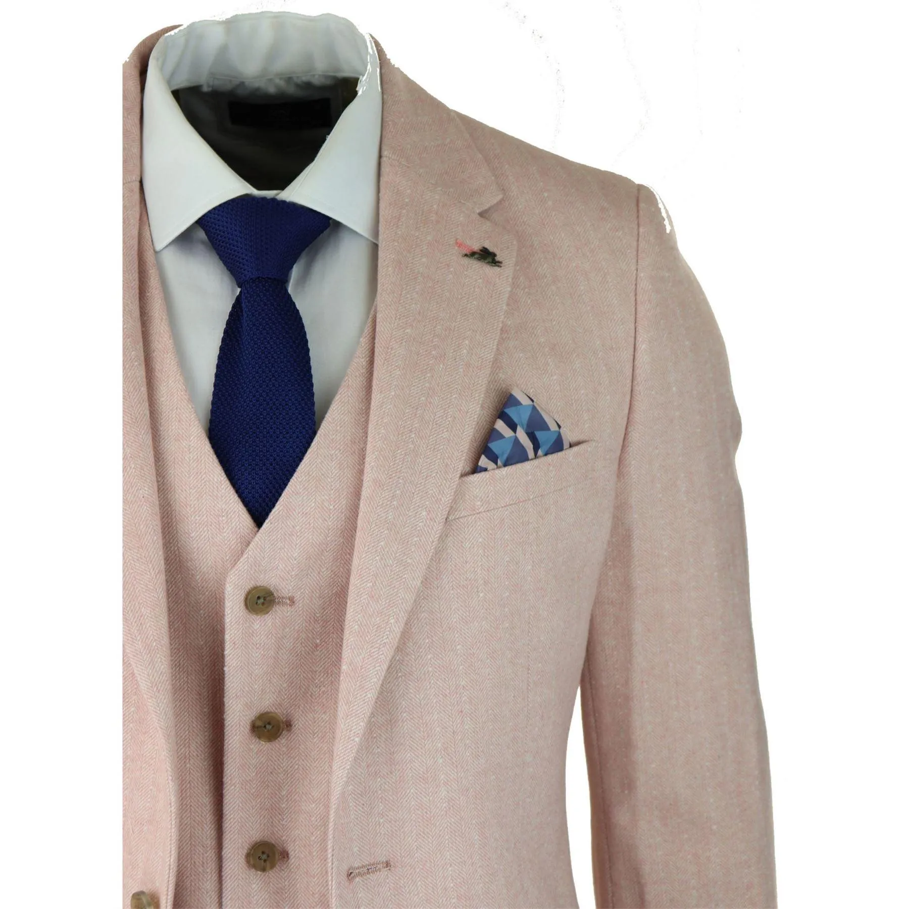 Mens Herringbone Tweed 3 Piece Suit Pink Blush Retro Vintage Short Reg Long