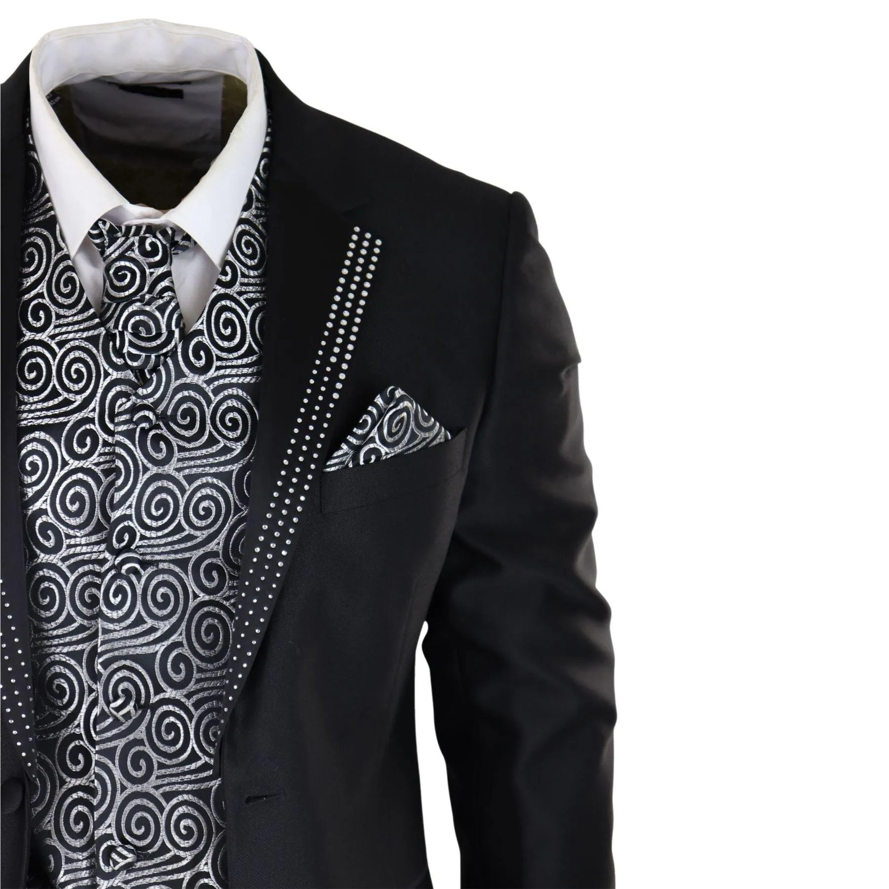 Mens Wedding 3 Piece Black Suit Diamonte Silver Cravat Waistcoat Groom Bestman