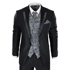 Mens Wedding 3 Piece Black Suit Diamonte Silver Cravat Waistcoat Groom Bestman