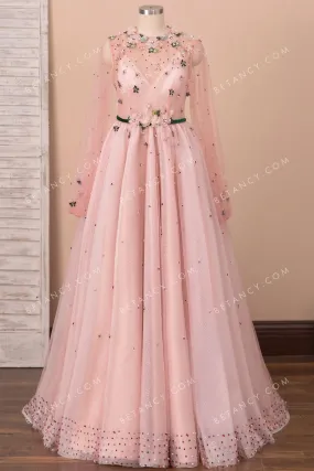 Pearls 3D Flowers Butterflies Pink Tulle Formal Dress