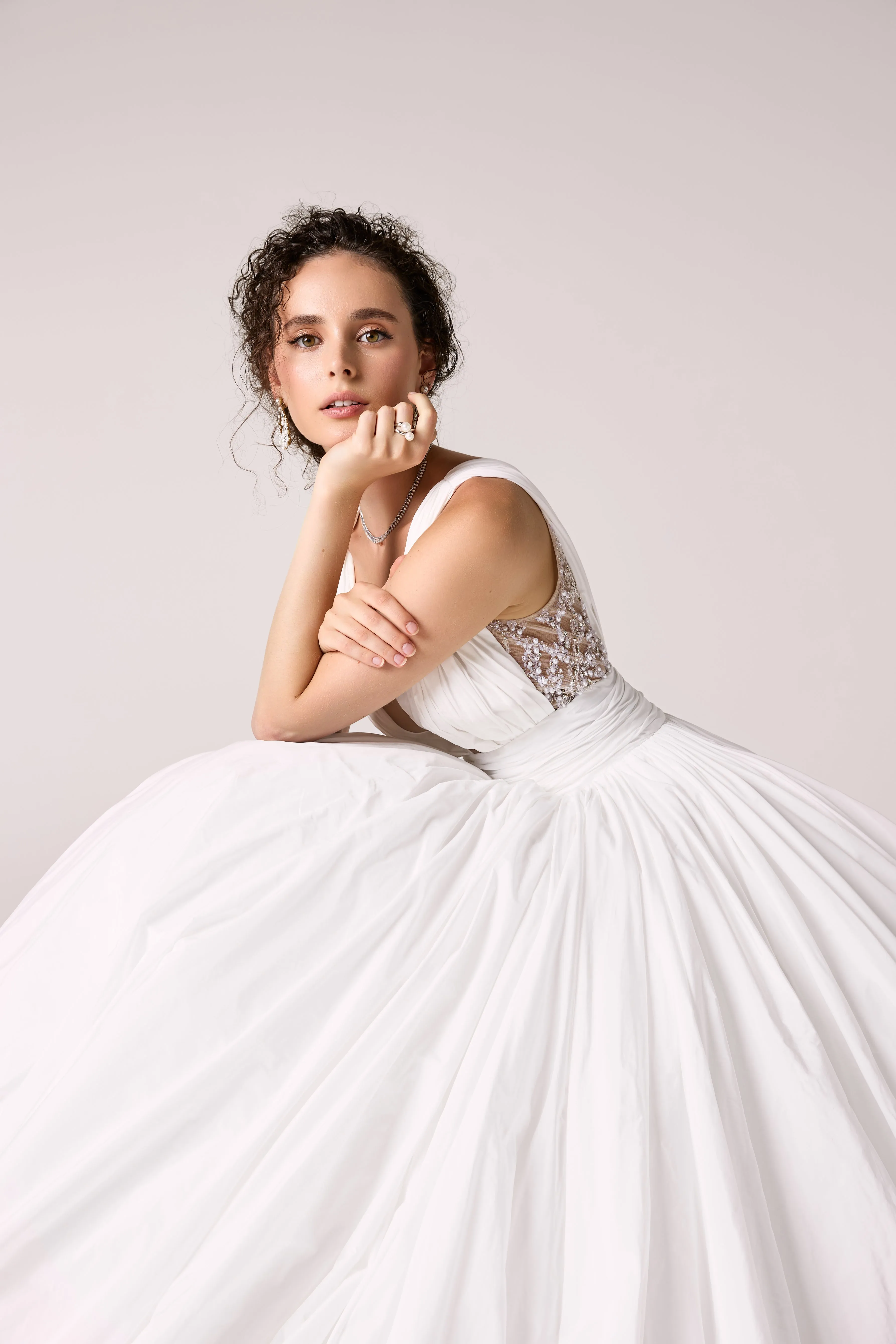 Romantic Taffeta Ball Gown with Beaded Corset Detailing and V-Neckline