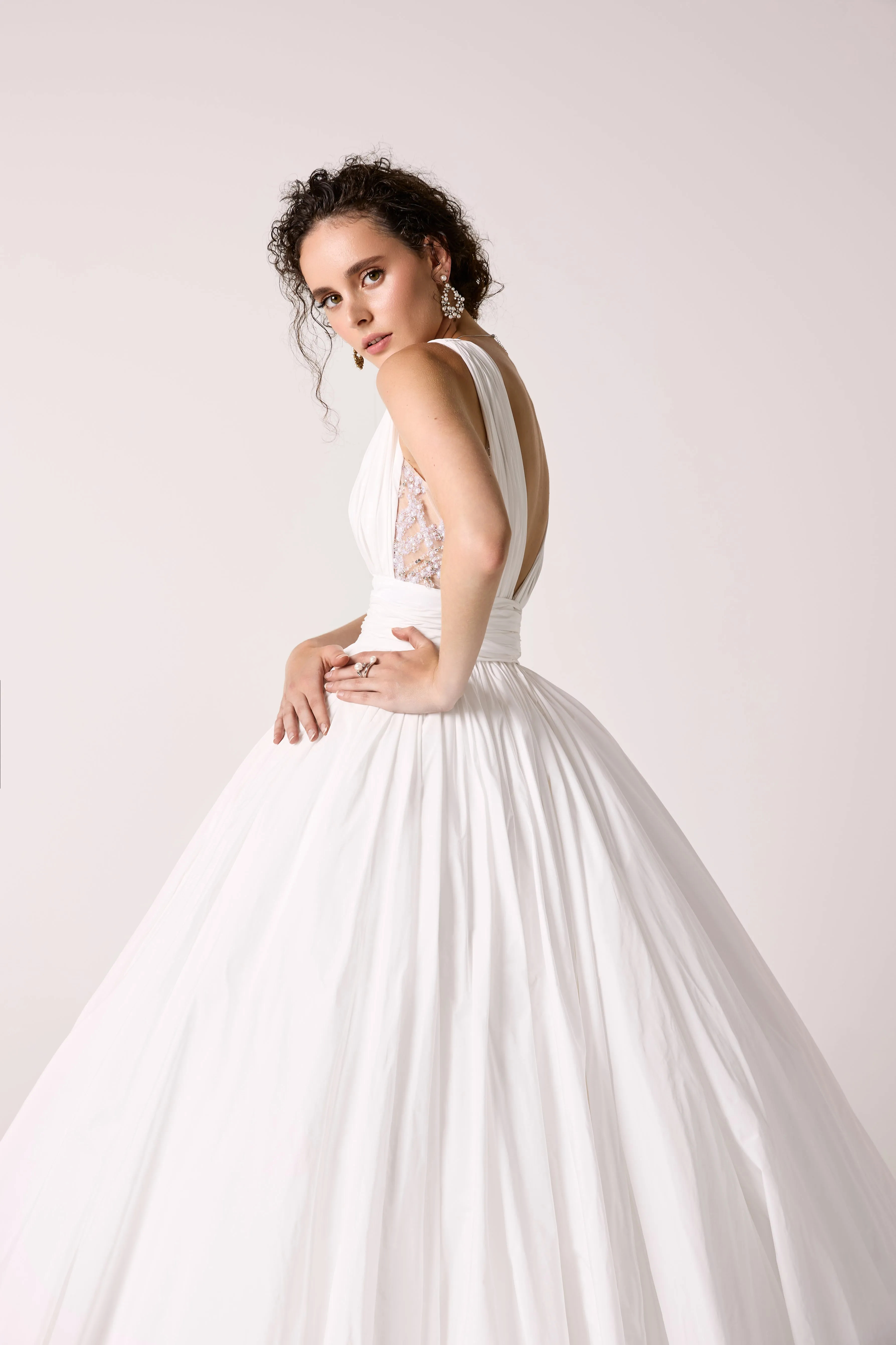 Romantic Taffeta Ball Gown with Beaded Corset Detailing and V-Neckline