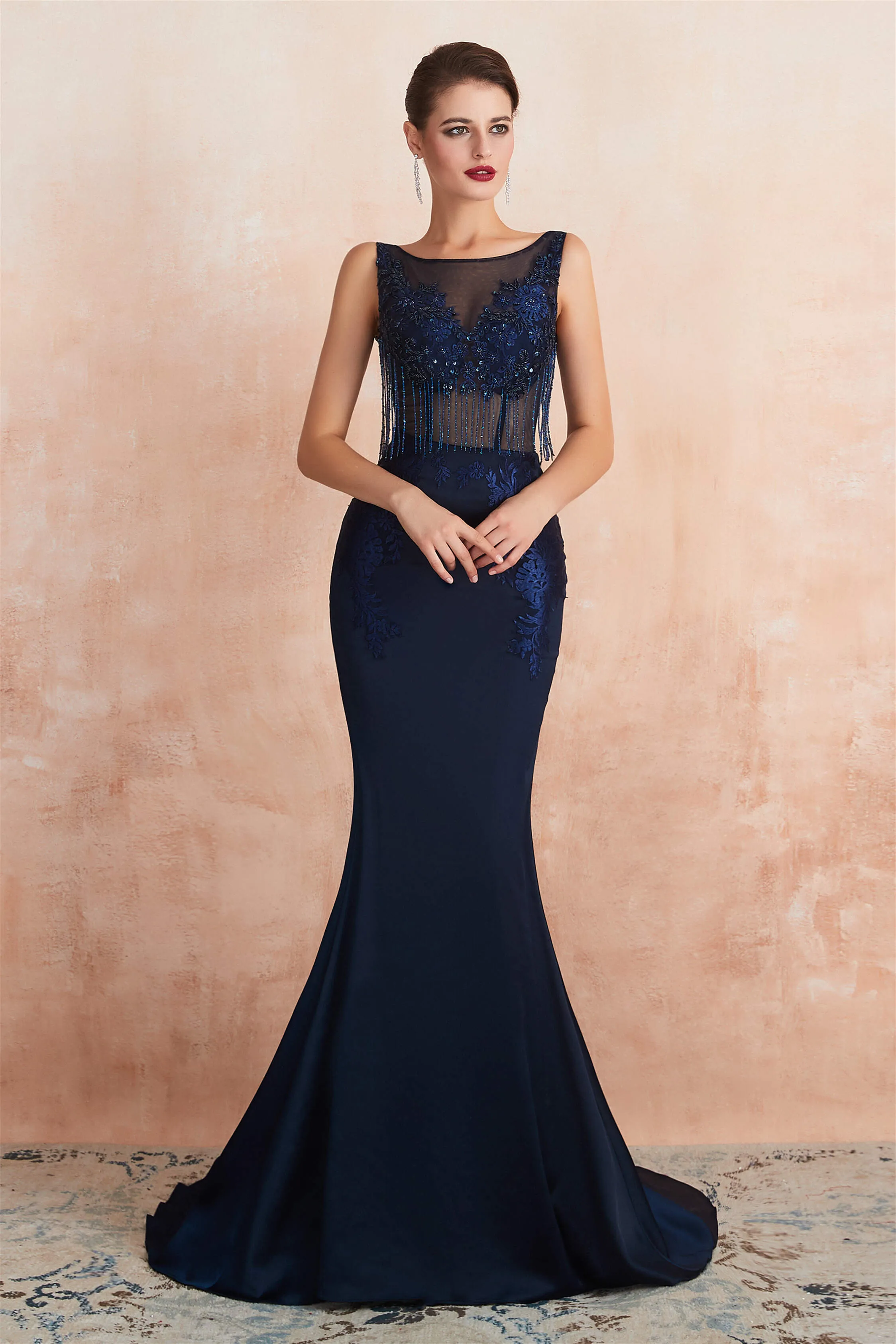 See-Through Tassel Mermaid Beaded Navy Blue Prom Dresses