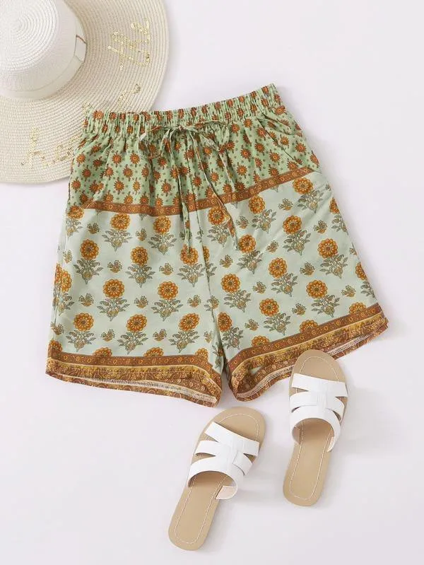 Tribal Print Drawstring Waist Shorts