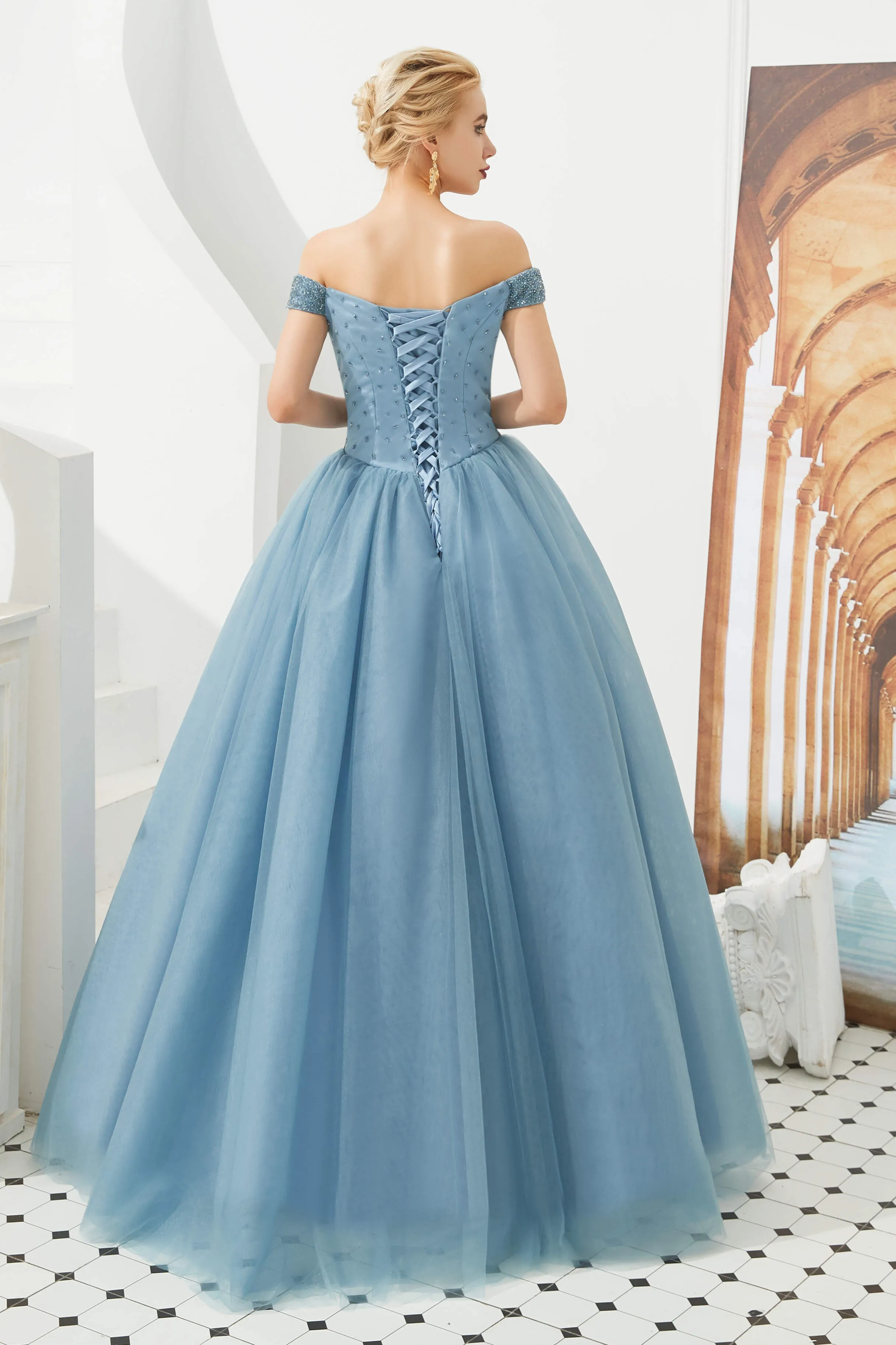 Tulle A line Off Shoulder Sweetheart Beaded Bodice Long Prom Dresses