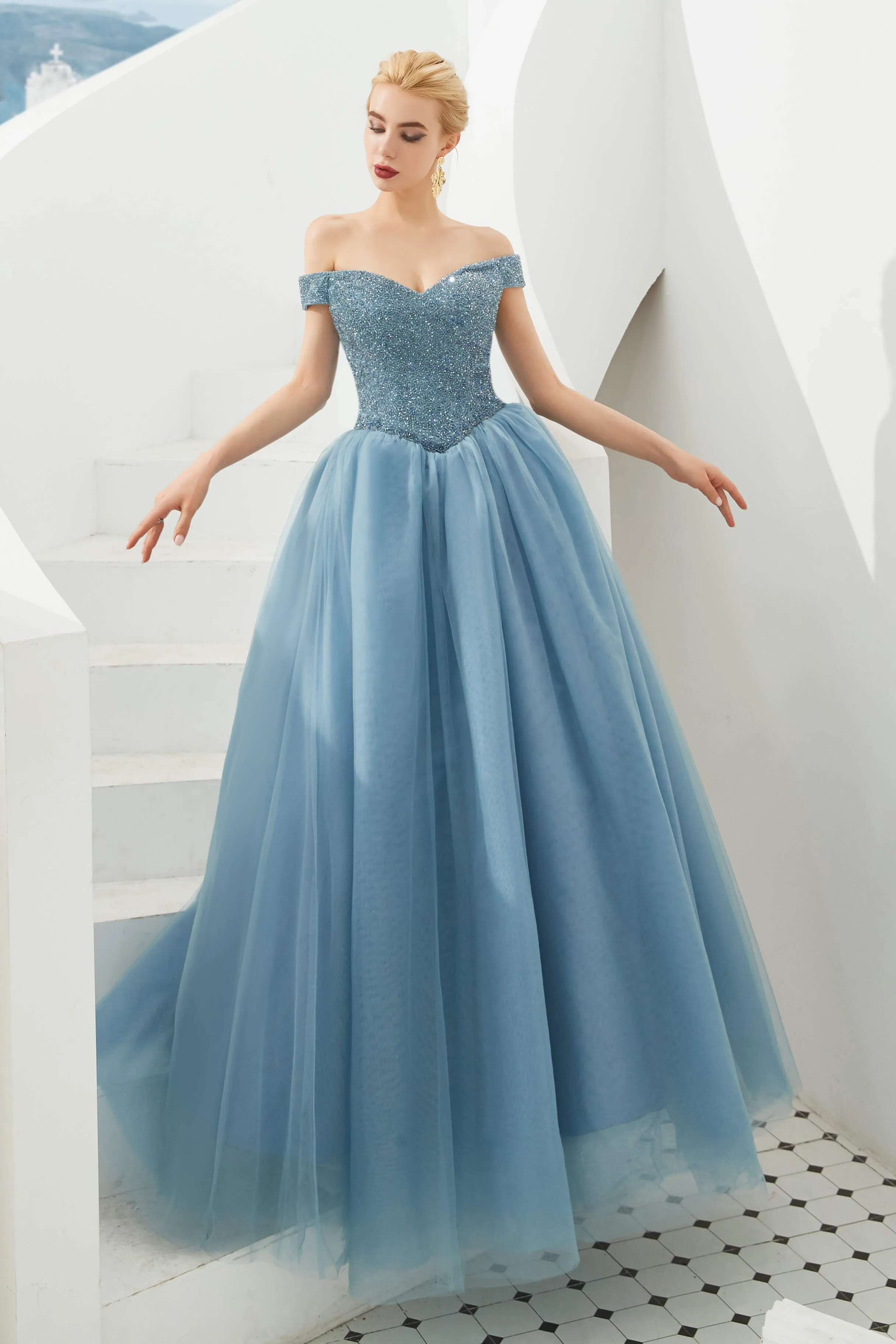 Tulle A line Off Shoulder Sweetheart Beaded Bodice Long Prom Dresses