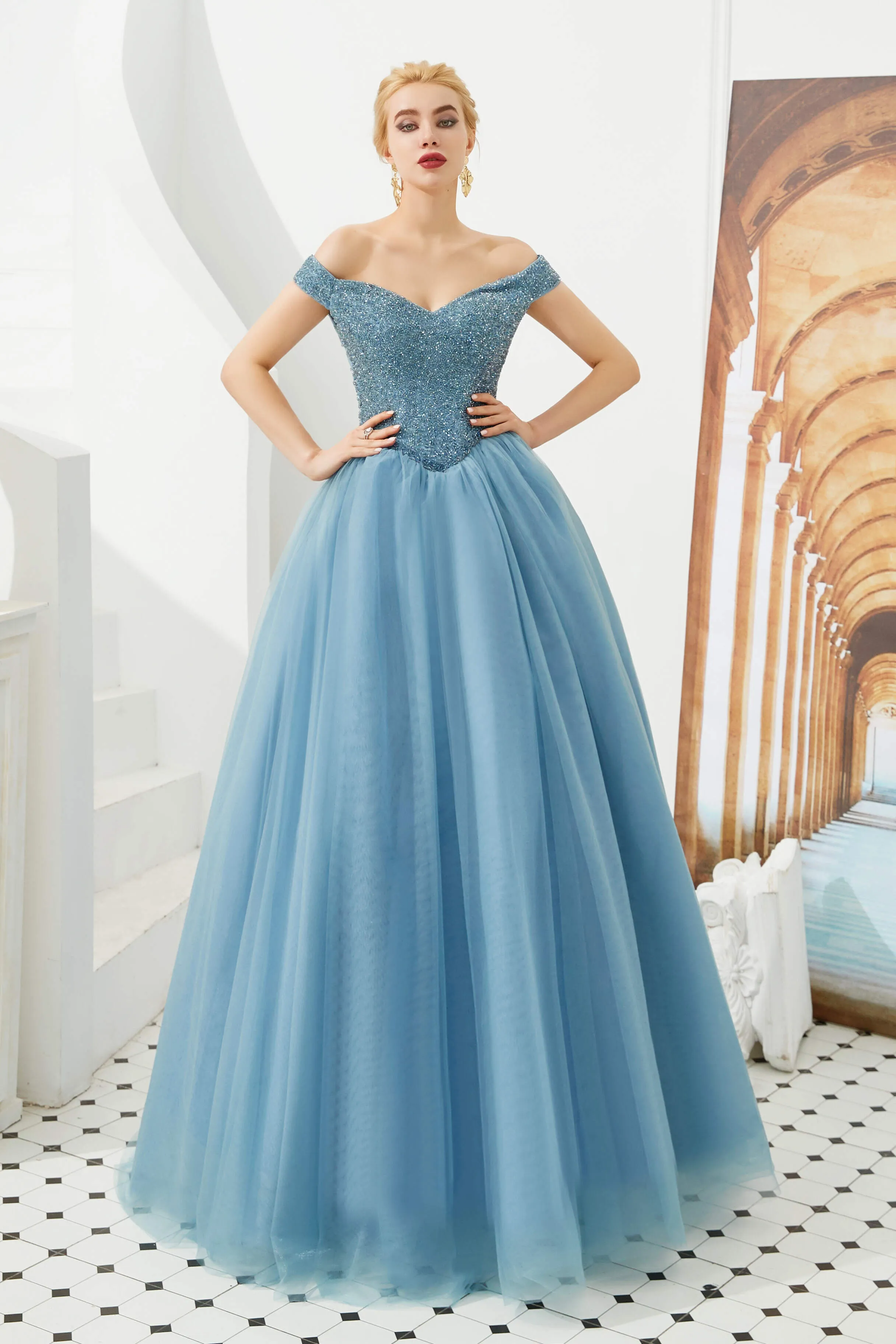 Tulle A line Off Shoulder Sweetheart Beaded Bodice Long Prom Dresses