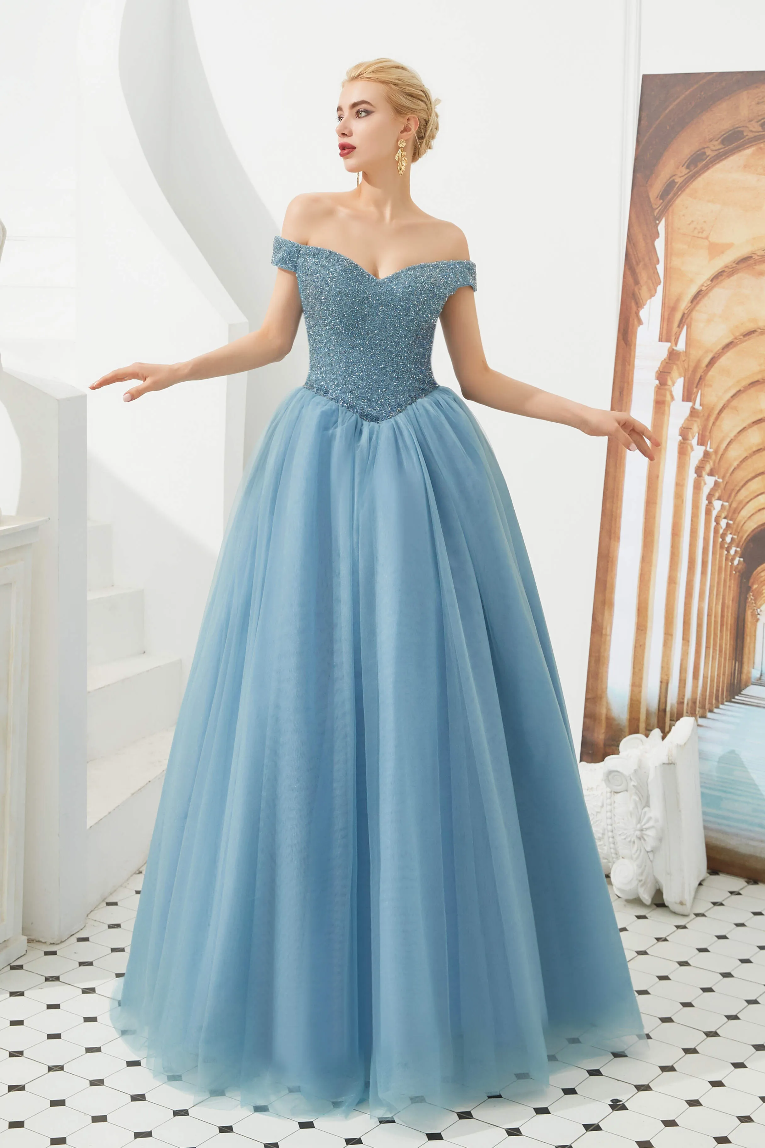 Tulle A line Off Shoulder Sweetheart Beaded Bodice Long Prom Dresses