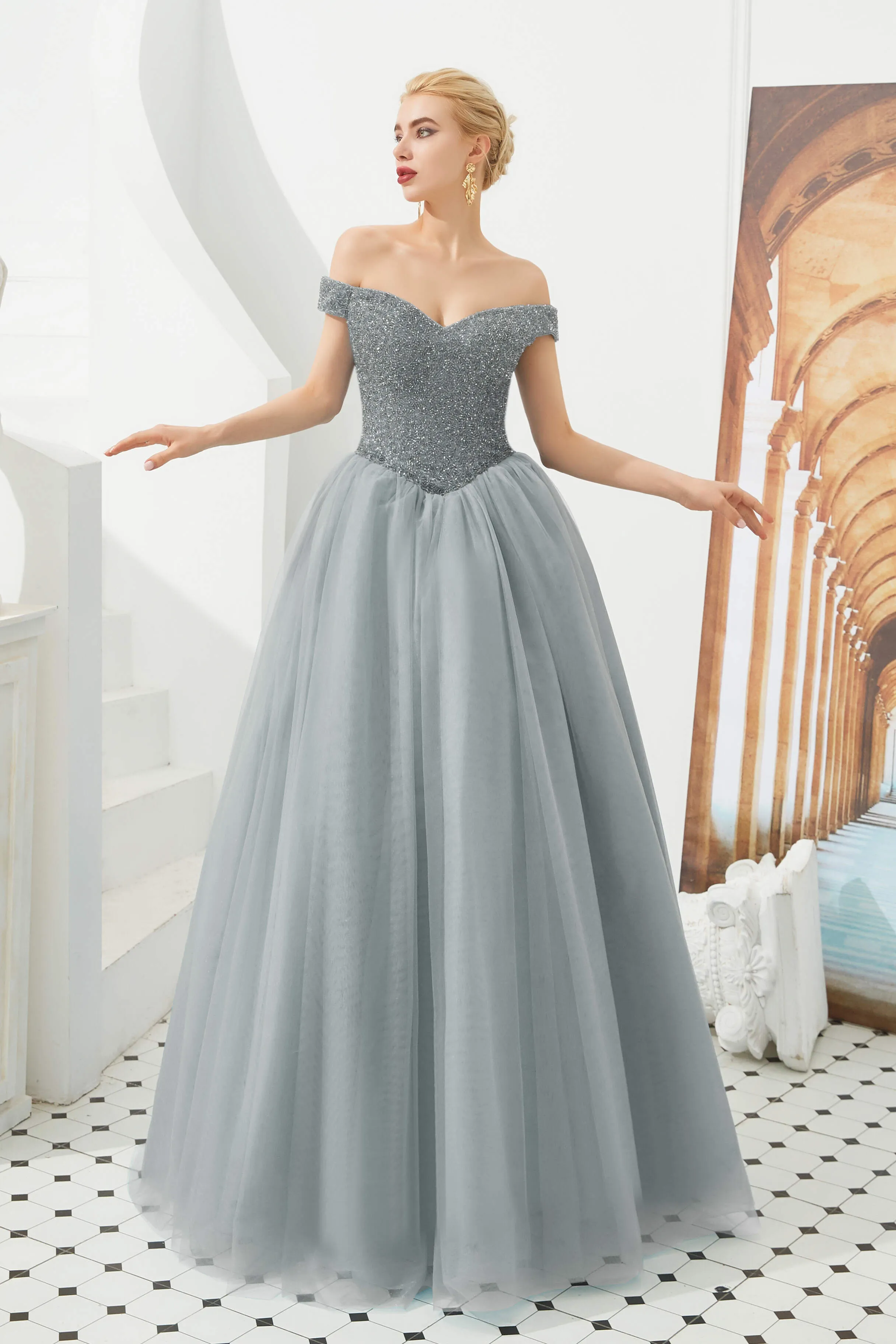 Tulle A line Off Shoulder Sweetheart Beaded Bodice Long Prom Dresses