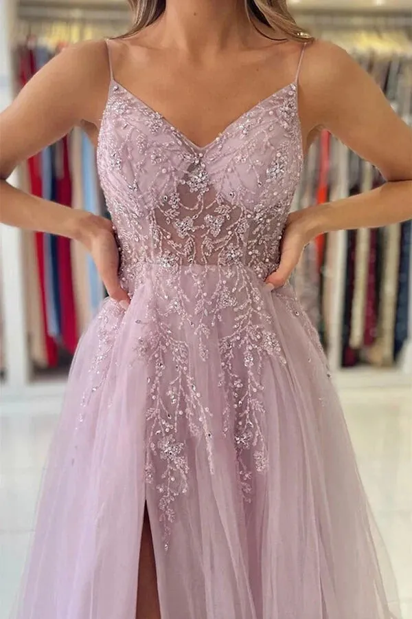 V-neck Pink Tulle A-line Beaded Prom Dresses, Evening Dresses