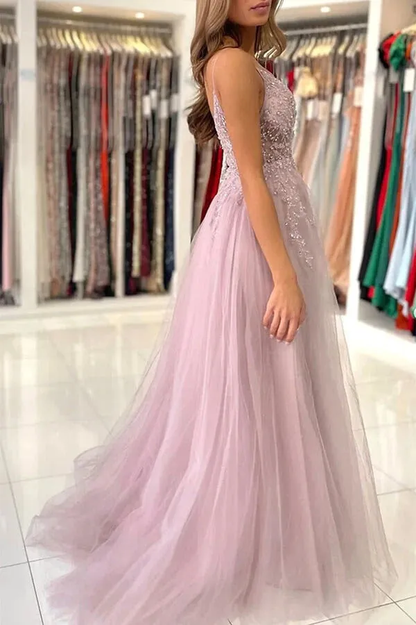 V-neck Pink Tulle A-line Beaded Prom Dresses, Evening Dresses